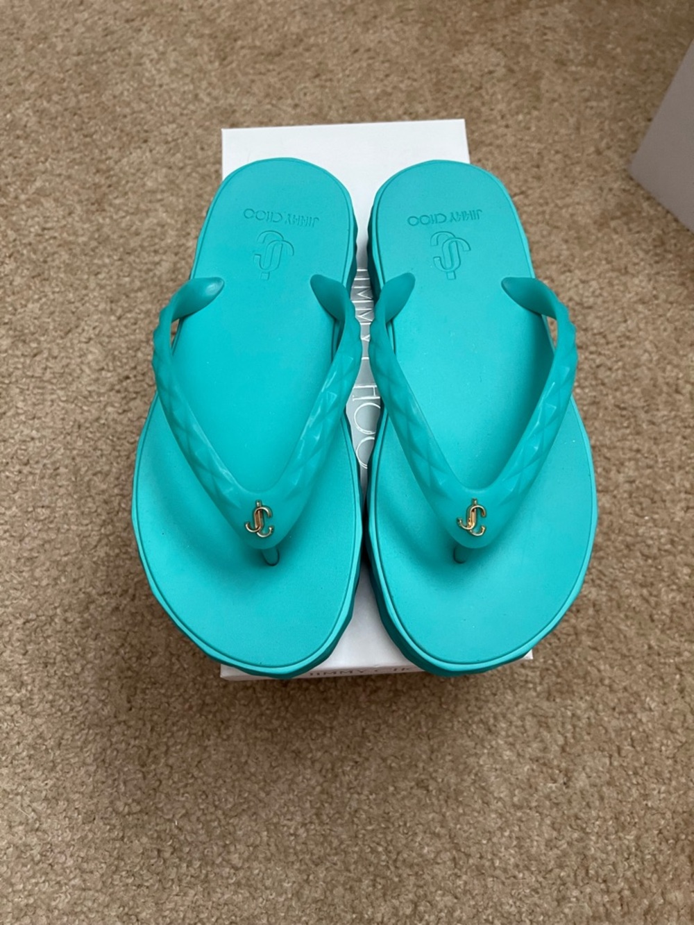 Jimmy Choo Turquoise Rubber diamond Flip Flops with Gold Logo
